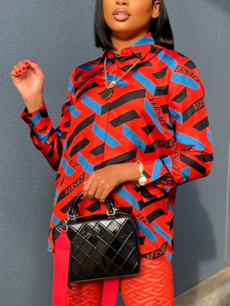 

LW BASICS Letter Geometric Print Blouse, Red