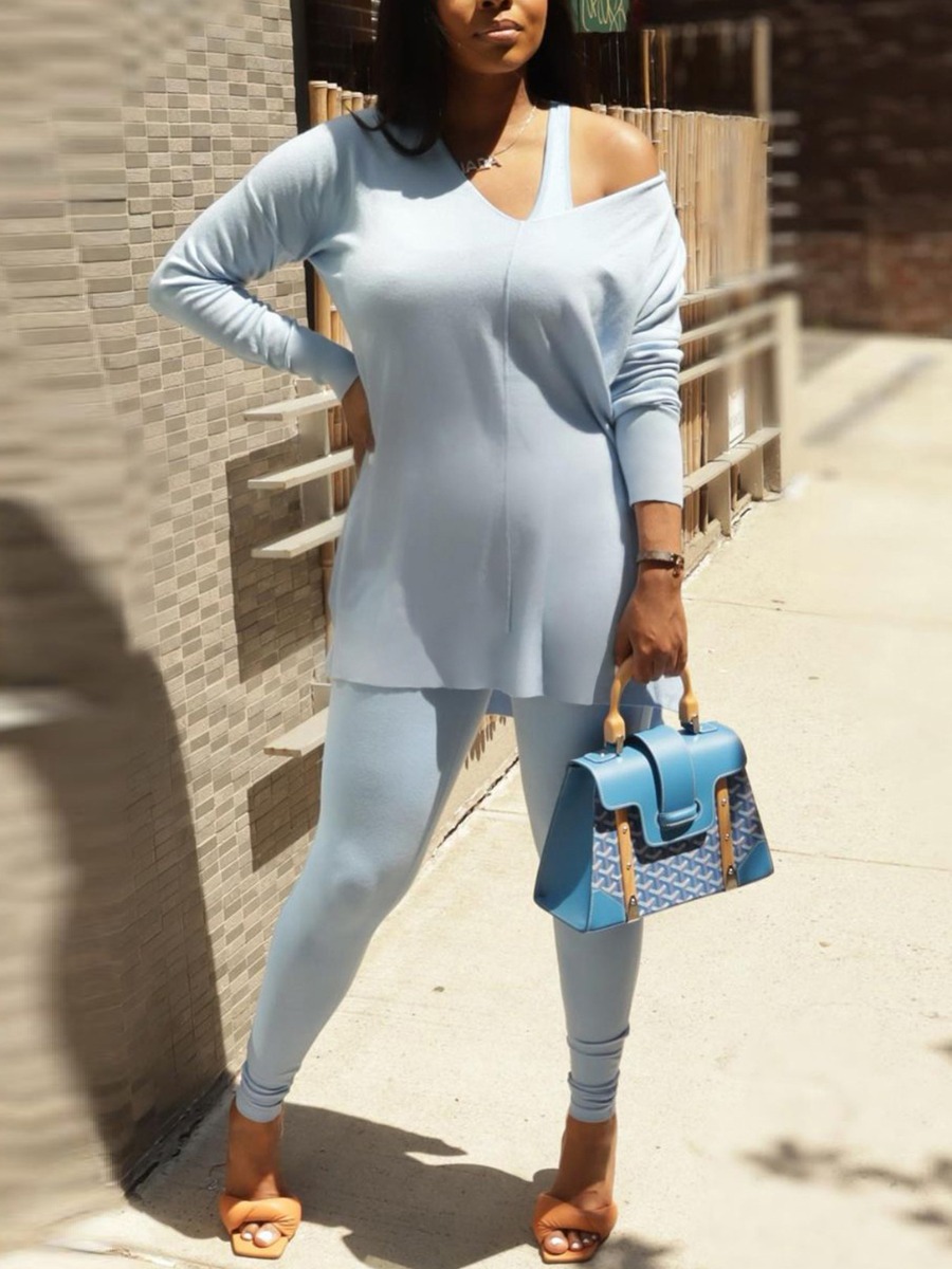 

LW Hollow-out Design Basic Skinny Pants Set, Blue