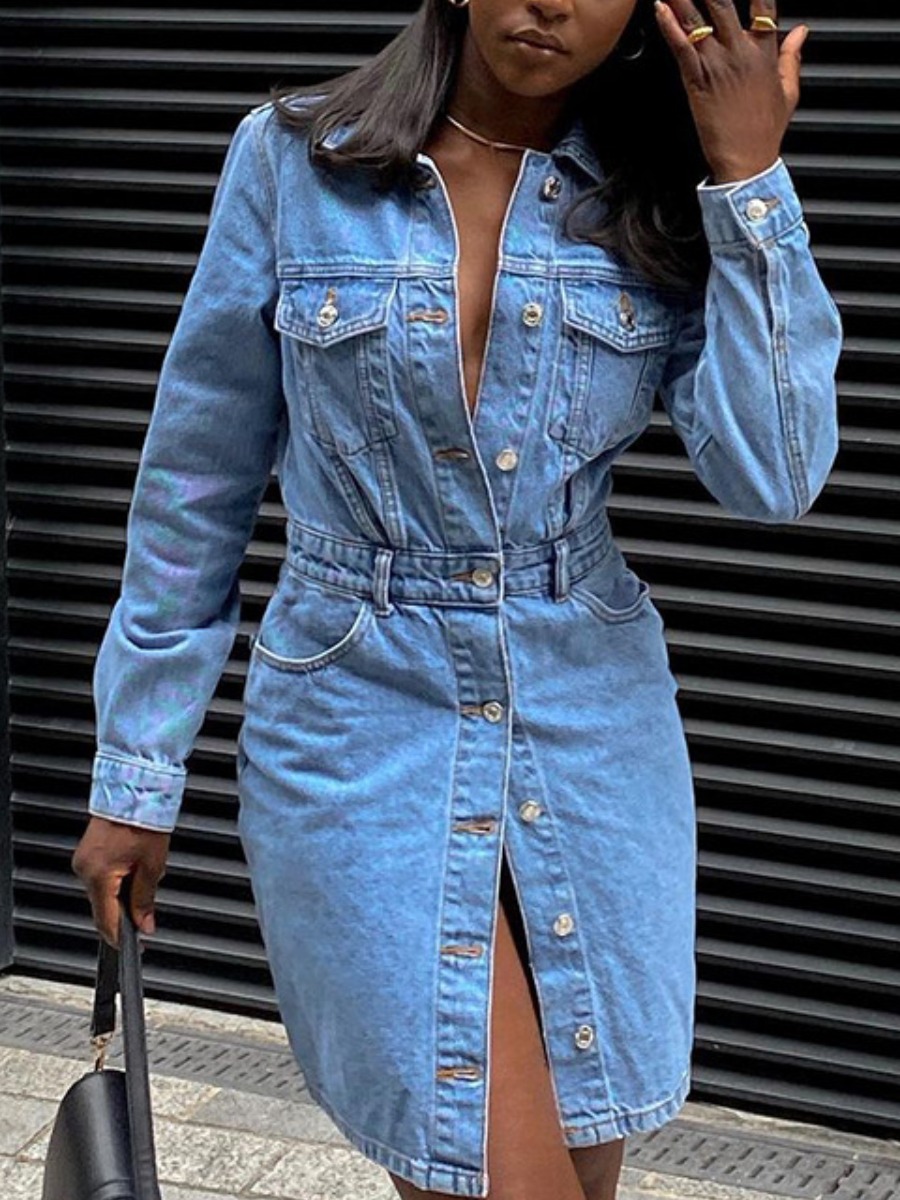 

LW BASICS Button Pocket Design Denim Dress, Blue