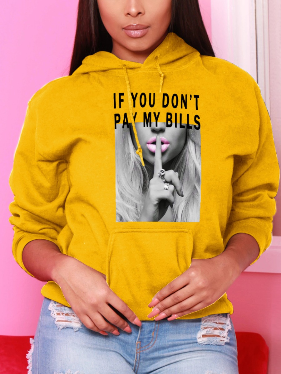 

LW BASICS Letter Figure Print Pocket Design Hoodie, Yellow
