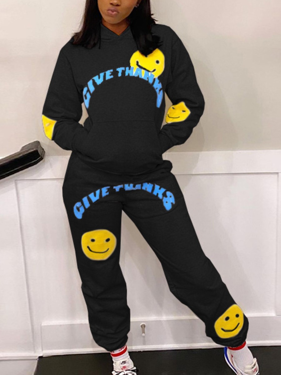 

LW Letter Smiley Face Print Tracksuit Set, Black