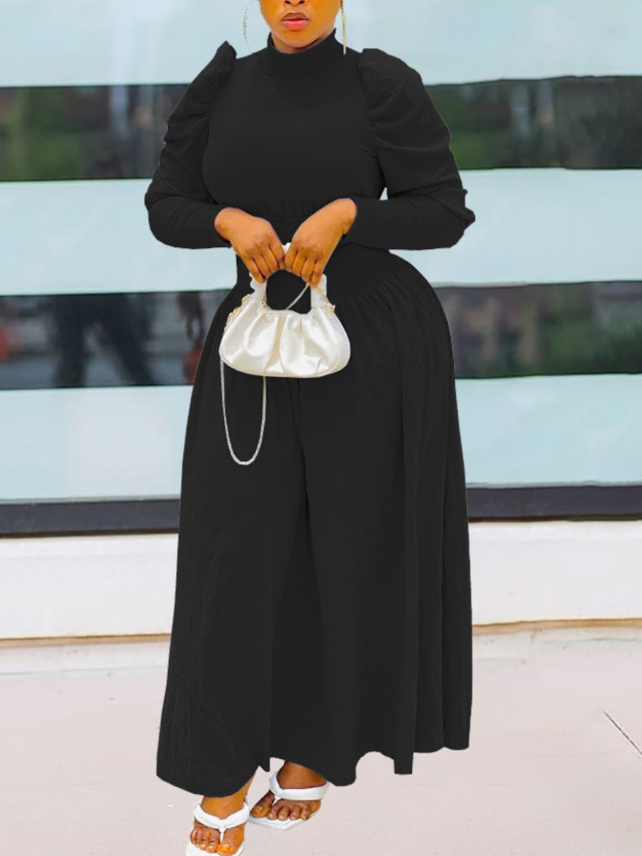 LW Puff Sleeve A Line Dress, Black