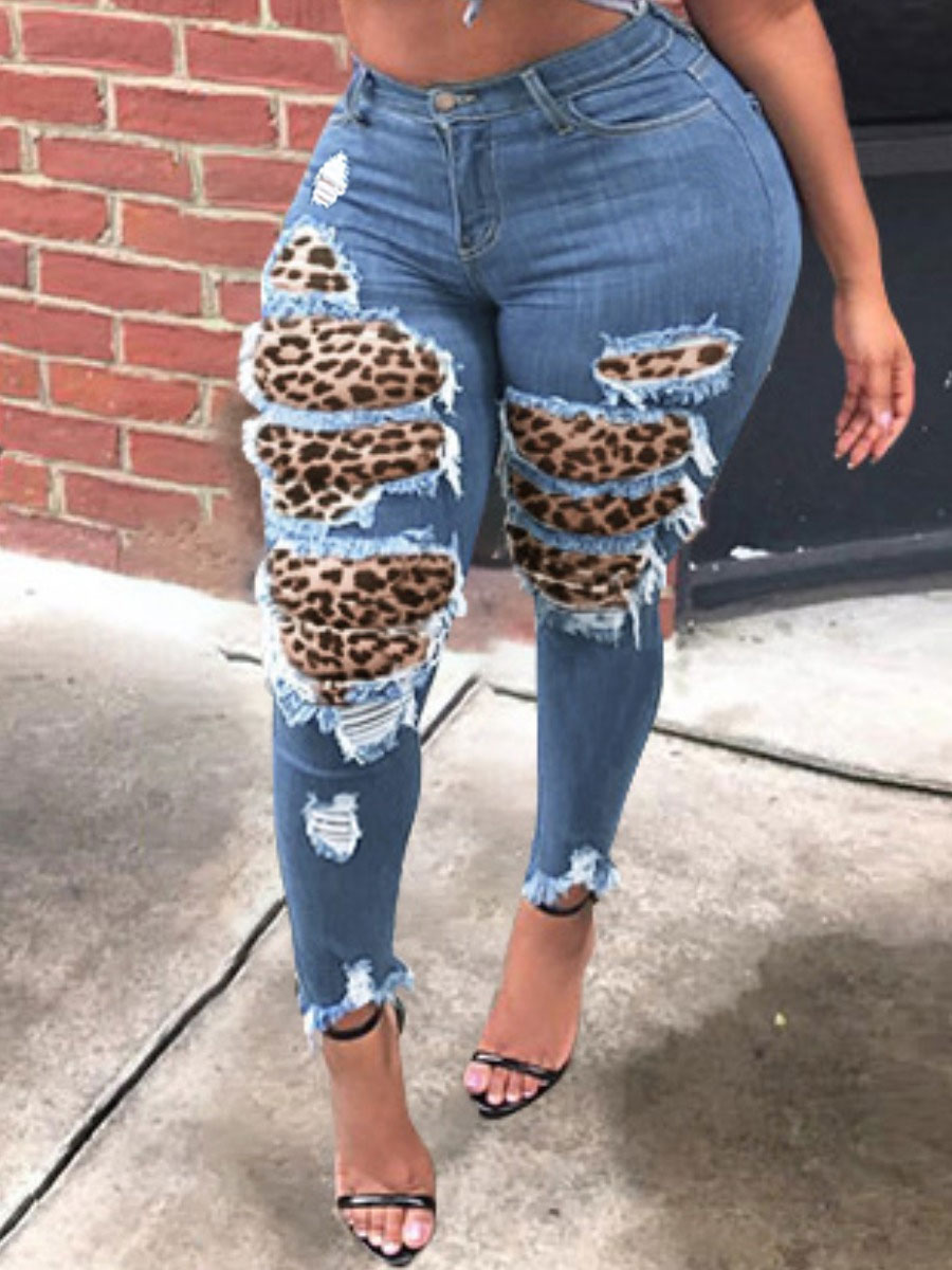 LW High-waisted High Stretchy Leopard Print Ripped Jeans
