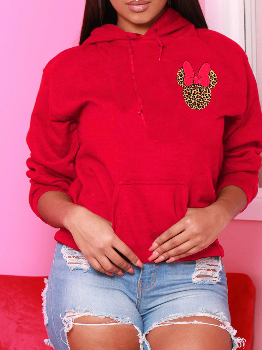 

LW Plus Size Cartoon Print Kangaroo Pocket Hoodie, Red