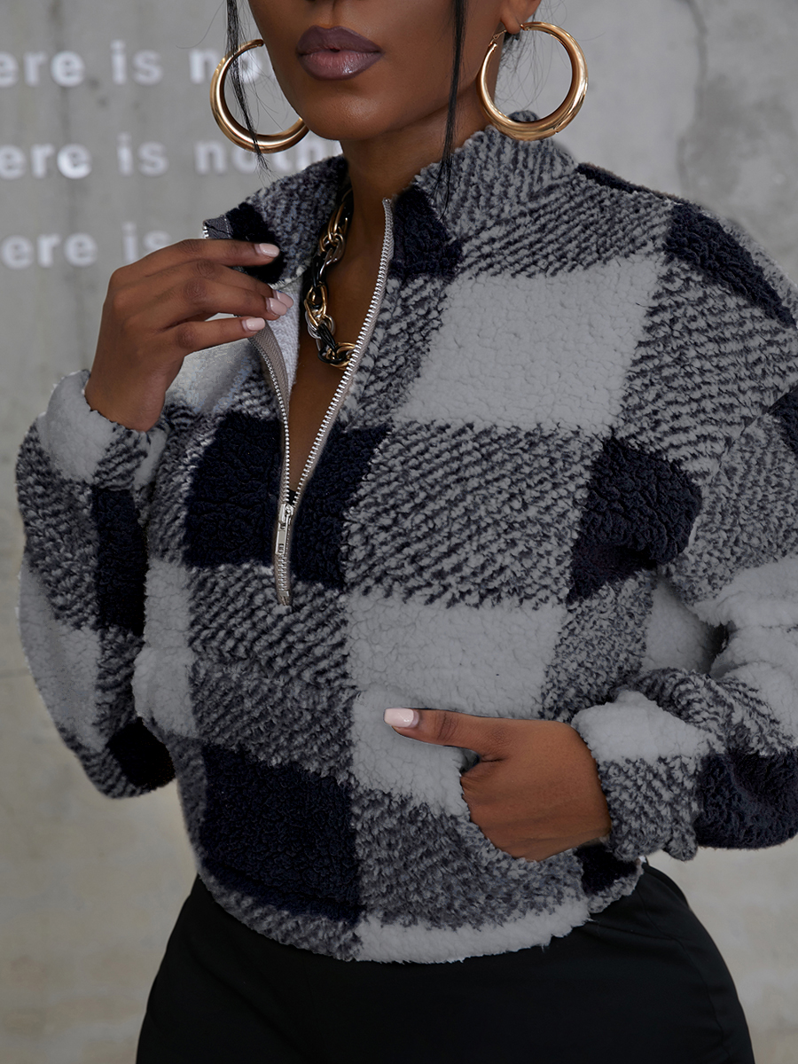 

LW Plaid Print Plush Teddy Sweatshirt, Black