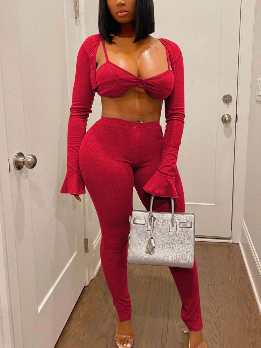 

LW SXY Flare Sleeve Open Front Skinny Three-piece Pants Set, Red