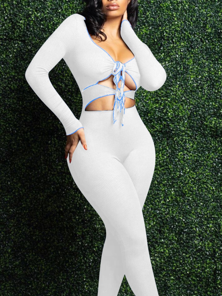 

LW SXY Rib-knit Hollow-out Bandage Design Pants Set, White
