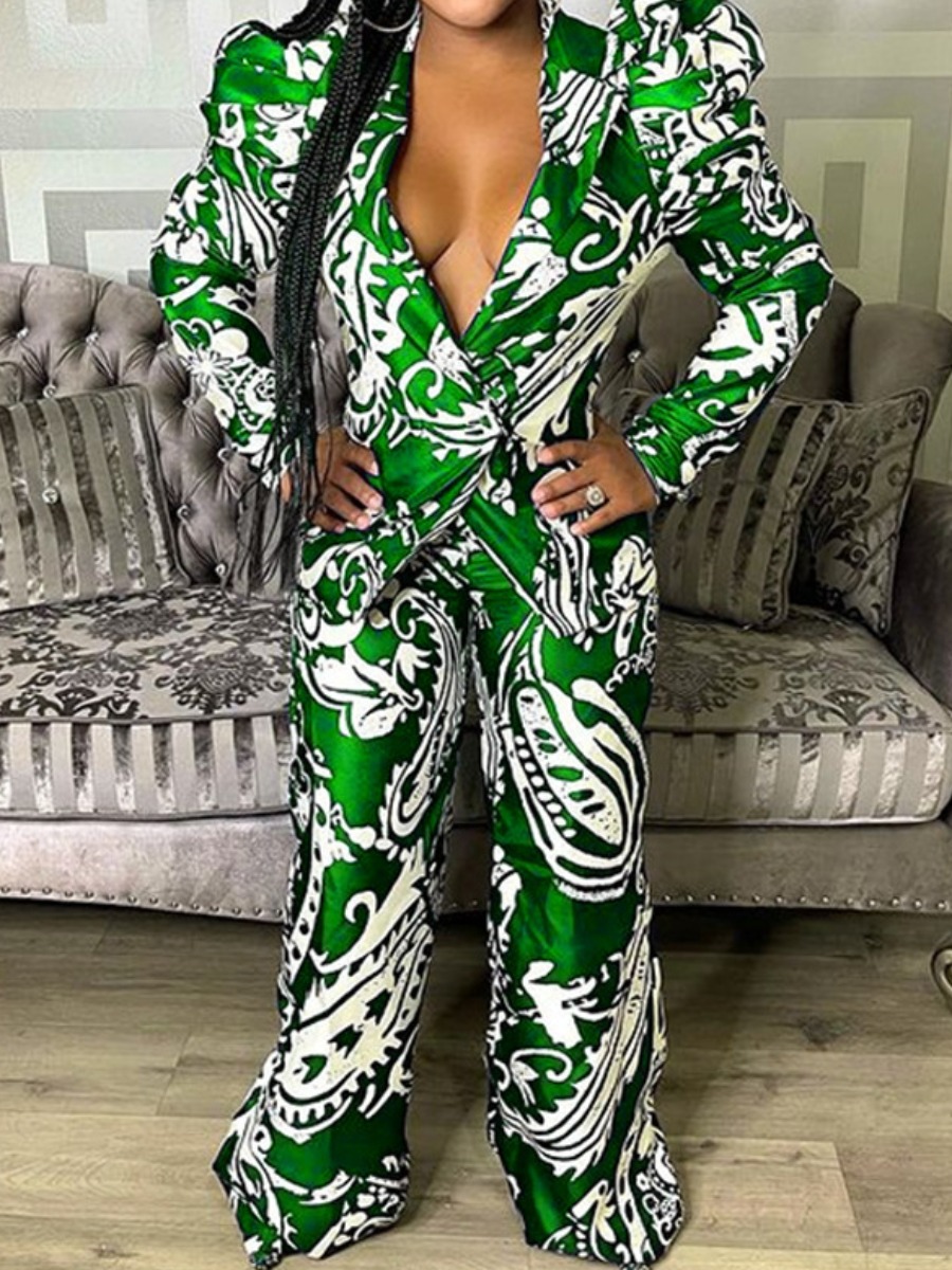 

LW Mixed Print Puff Sleeve Pants Set, Green