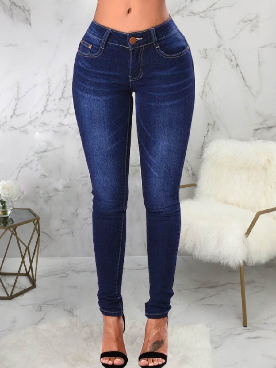 

LW Mid Waist High Stretchy Pocket Design Solid Skinny Jeans, Deep blue