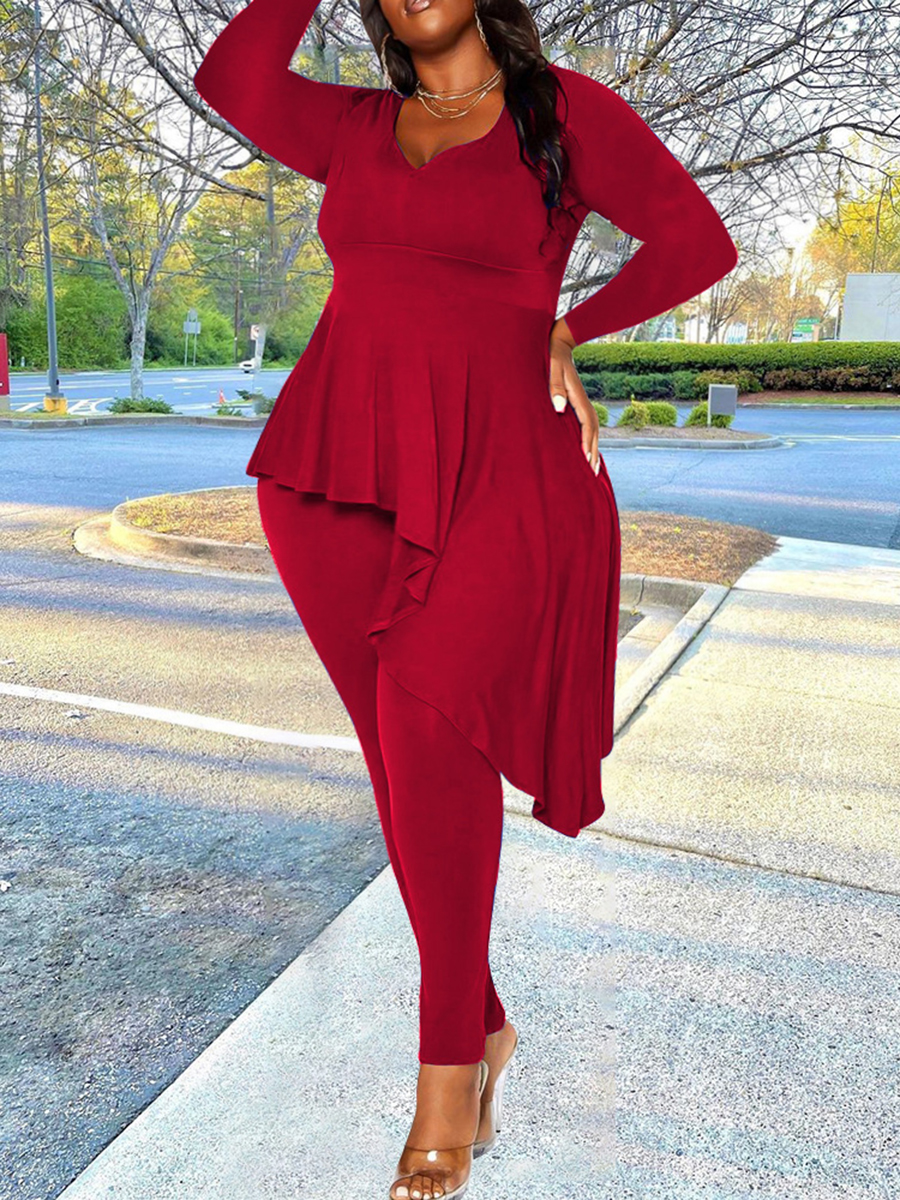 

LW Plus Size Ruffle Asymmetrical Pants Set, Wine red
