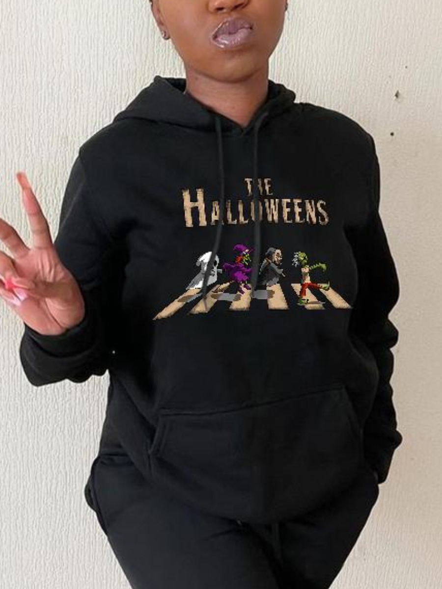 

LW Halloween Letter Print Pocket Design Hoodie, Black