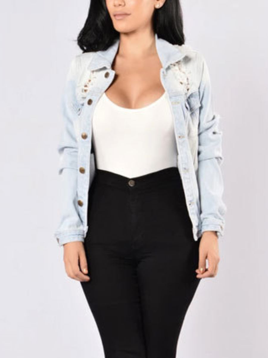 LW Turndown Collar Ripped Denim Jacket