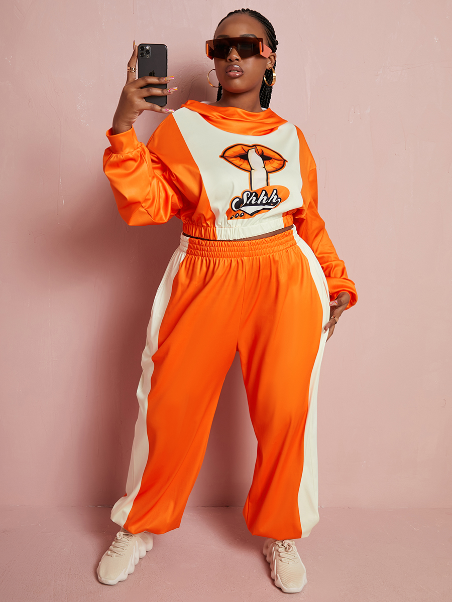 

LW Plus Size Lip Letter Print Pants Set, Multi
