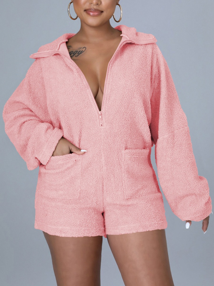 

LW Zipper Pocket Design Teddy Romper, Pink