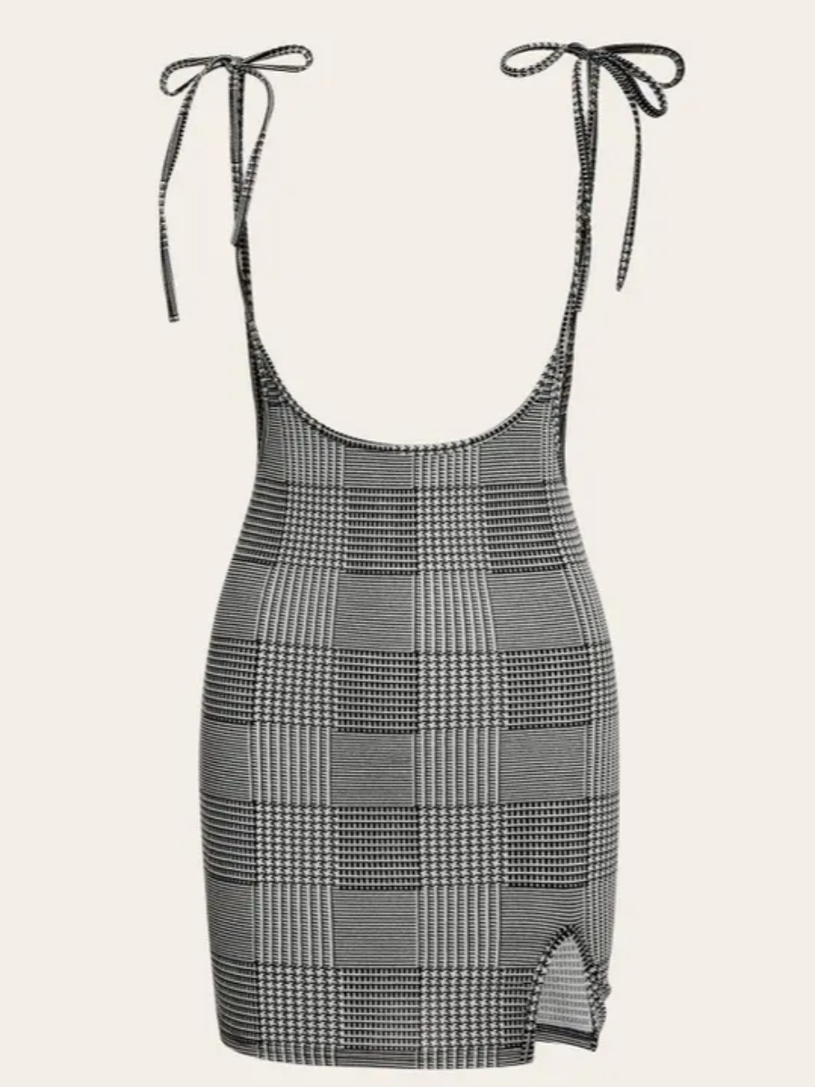 

LW Plaid Slit Overall Wrapped Dress, Black and white