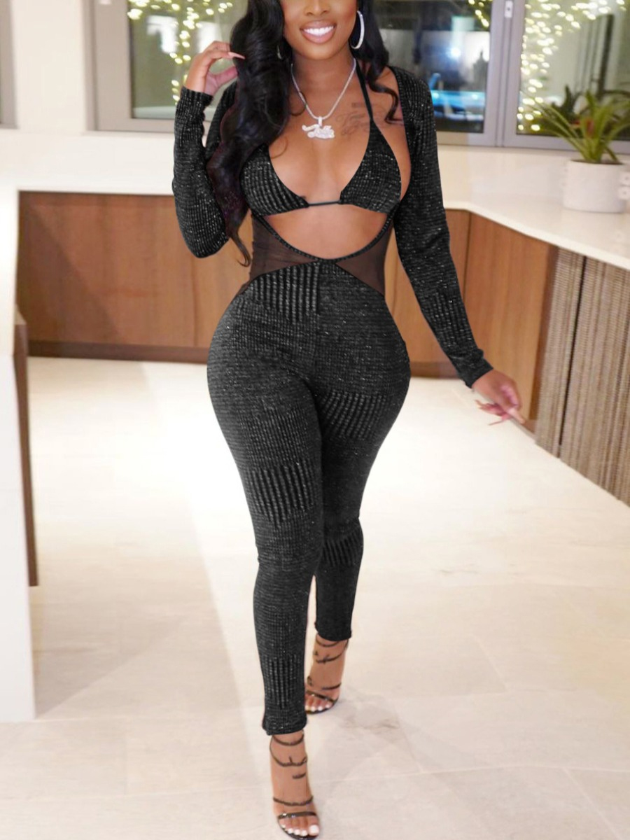 

LW SXY See-through Hollow-out Design Jumpsuit Set, Black