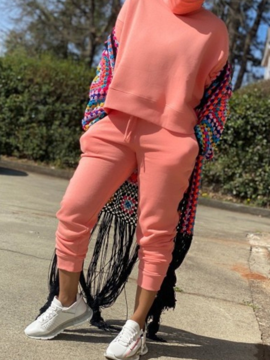 

LW Plus Size Drawstring Pocket Design Tracksuit Set, Pink