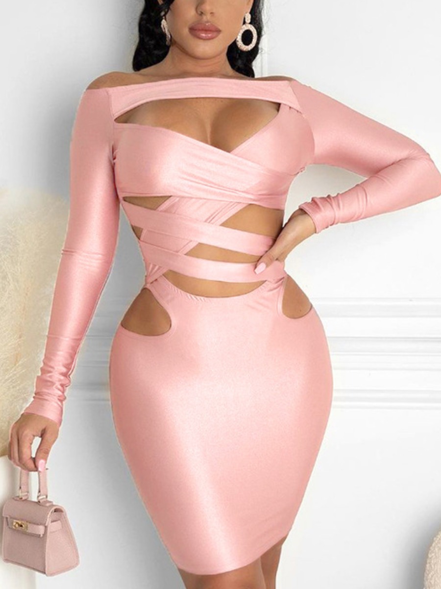 

LW SXY Criss Cross Hollow-out Design Bodycon Dress, Pink