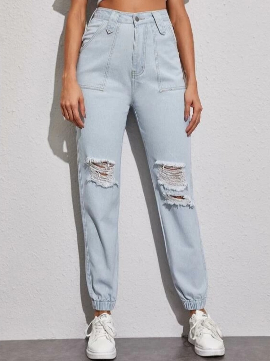 

LW High Waist Ripped Solid Jeans, Baby blue