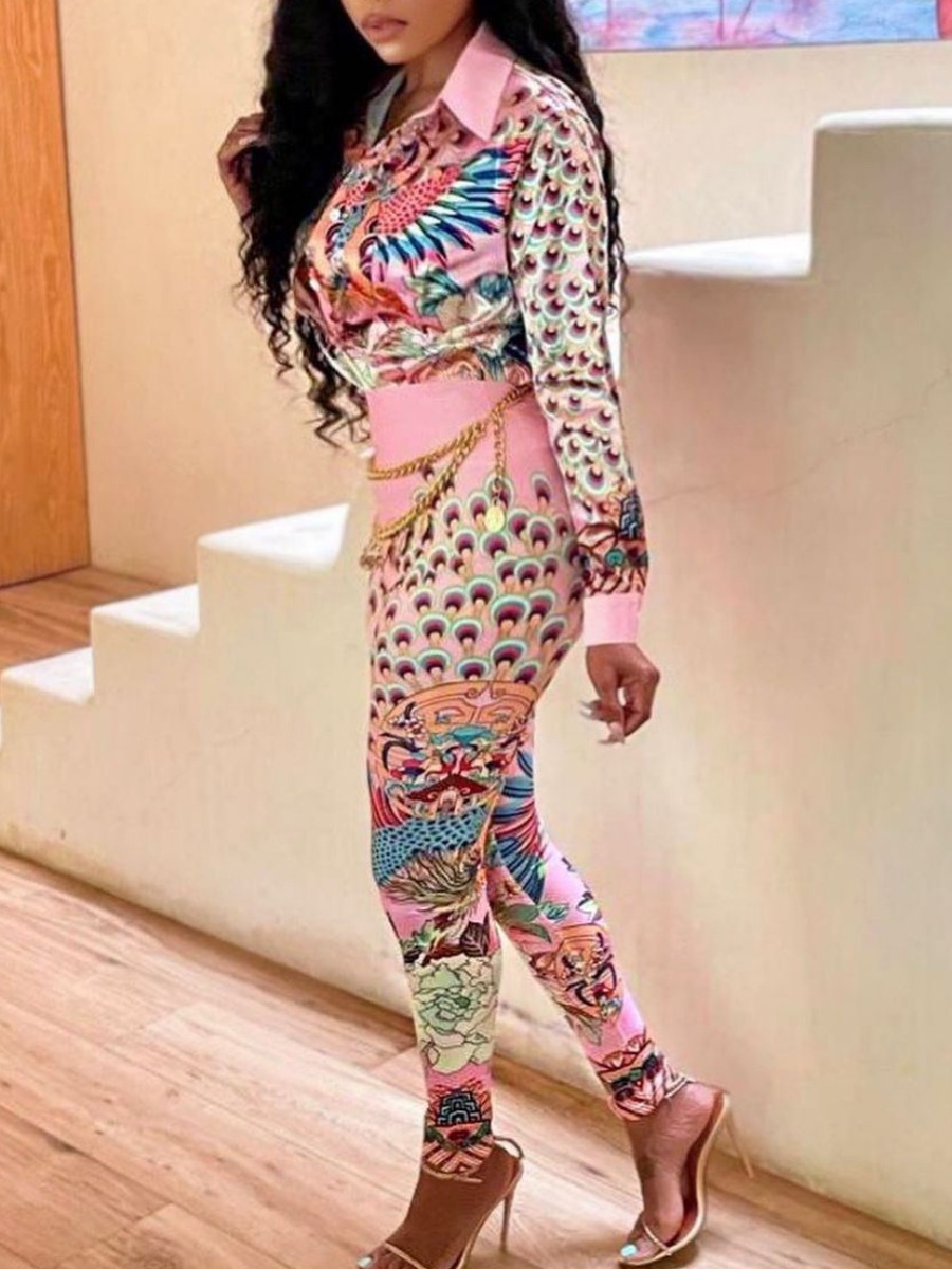 

LW Peacock Print Button Design Pants Set, Pink