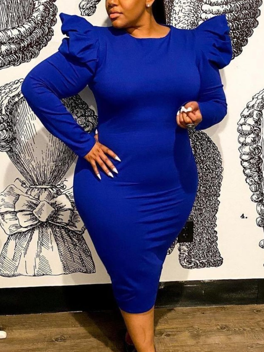 

LW Plus Size Puff Sleeve Basic Bodycon Dress, Deep blue