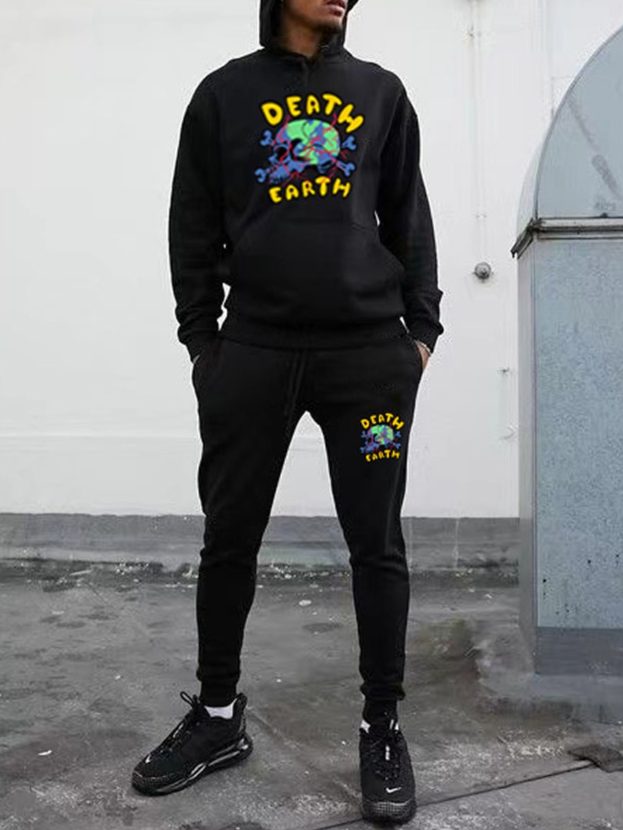 

LW Men Letter Print Pocket Design Tracksuit Set, Black