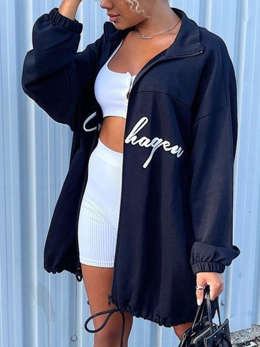 

LW Letter Print Zipper Design Oversized Outerwear, Black