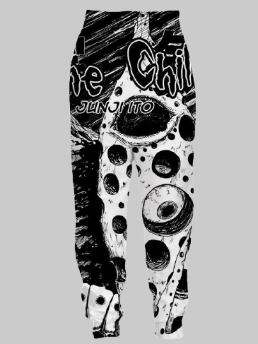 

LW Men Cartoon Letter Print Pants, Black and white