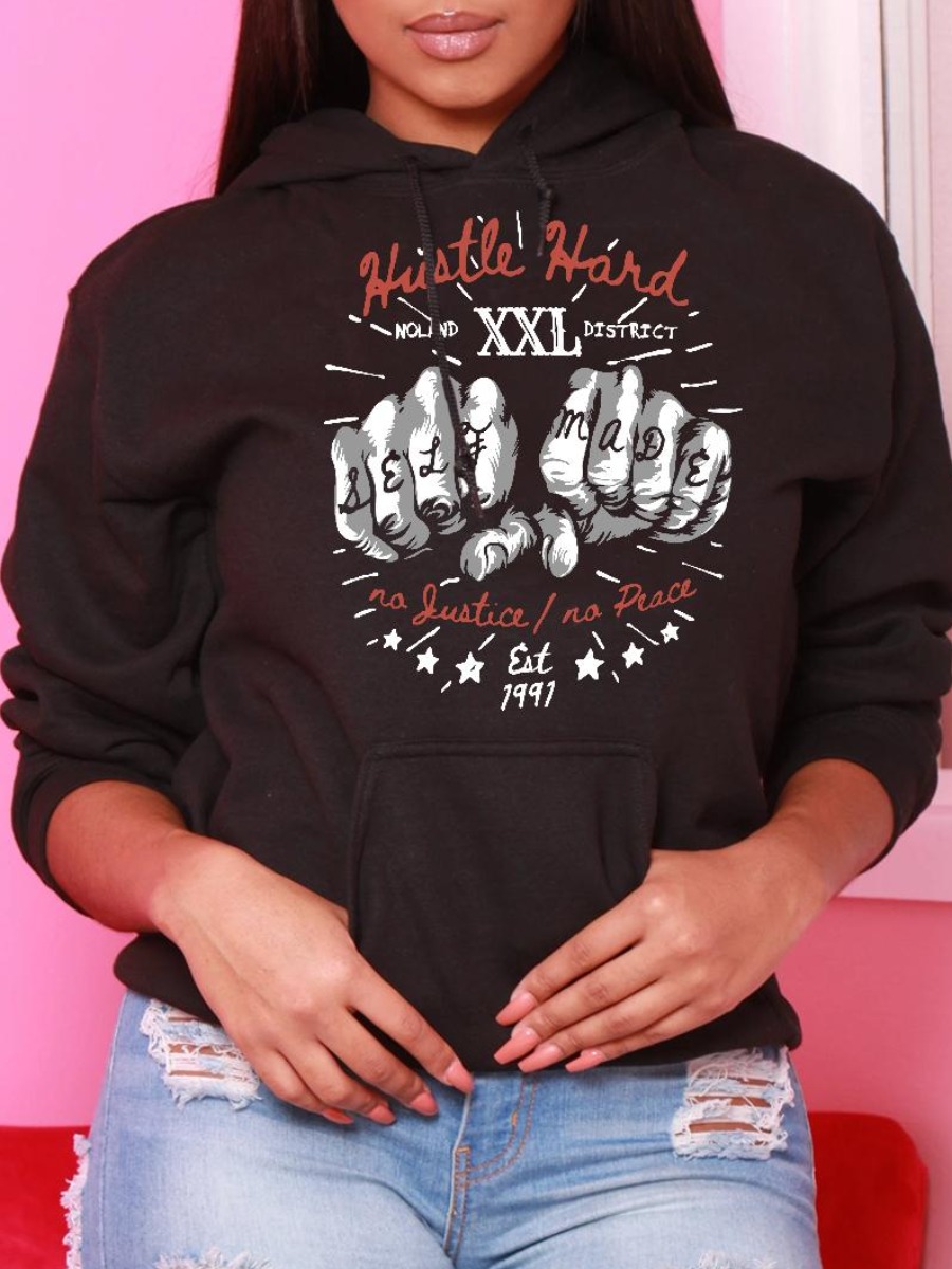 

LW Plus Size Letter Palm Print Hoodie, Black