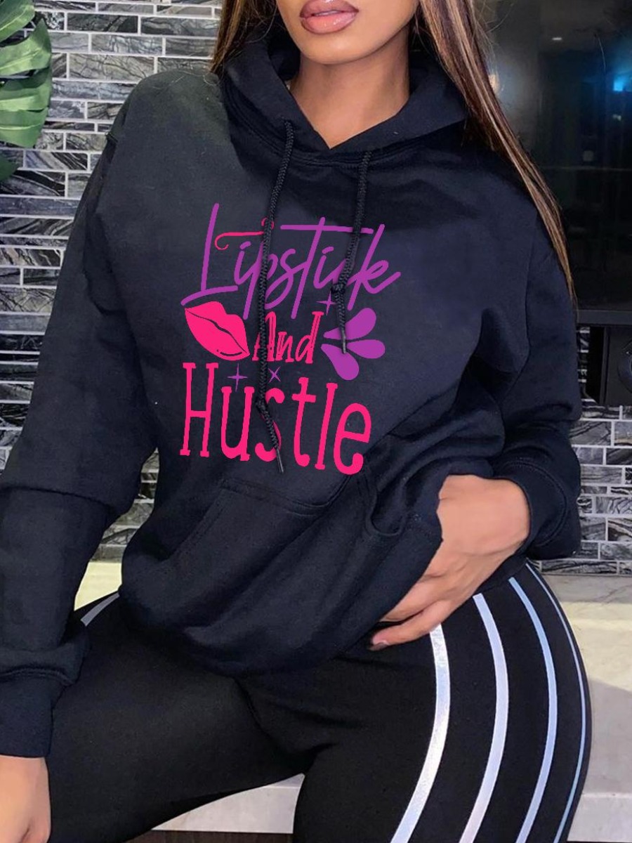

LW Plus Size Letter Print Pocket Design Hoodie, Black