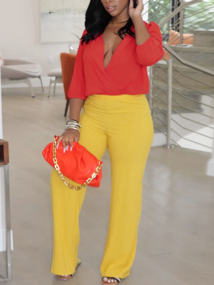 

LW V Neck Cross Basic Pants Set, Yellow