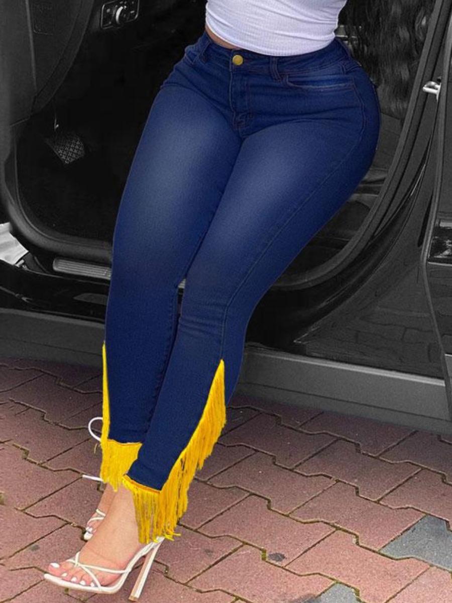 

LW Tassel Design Elastic Skinny Jeans, Deep blue