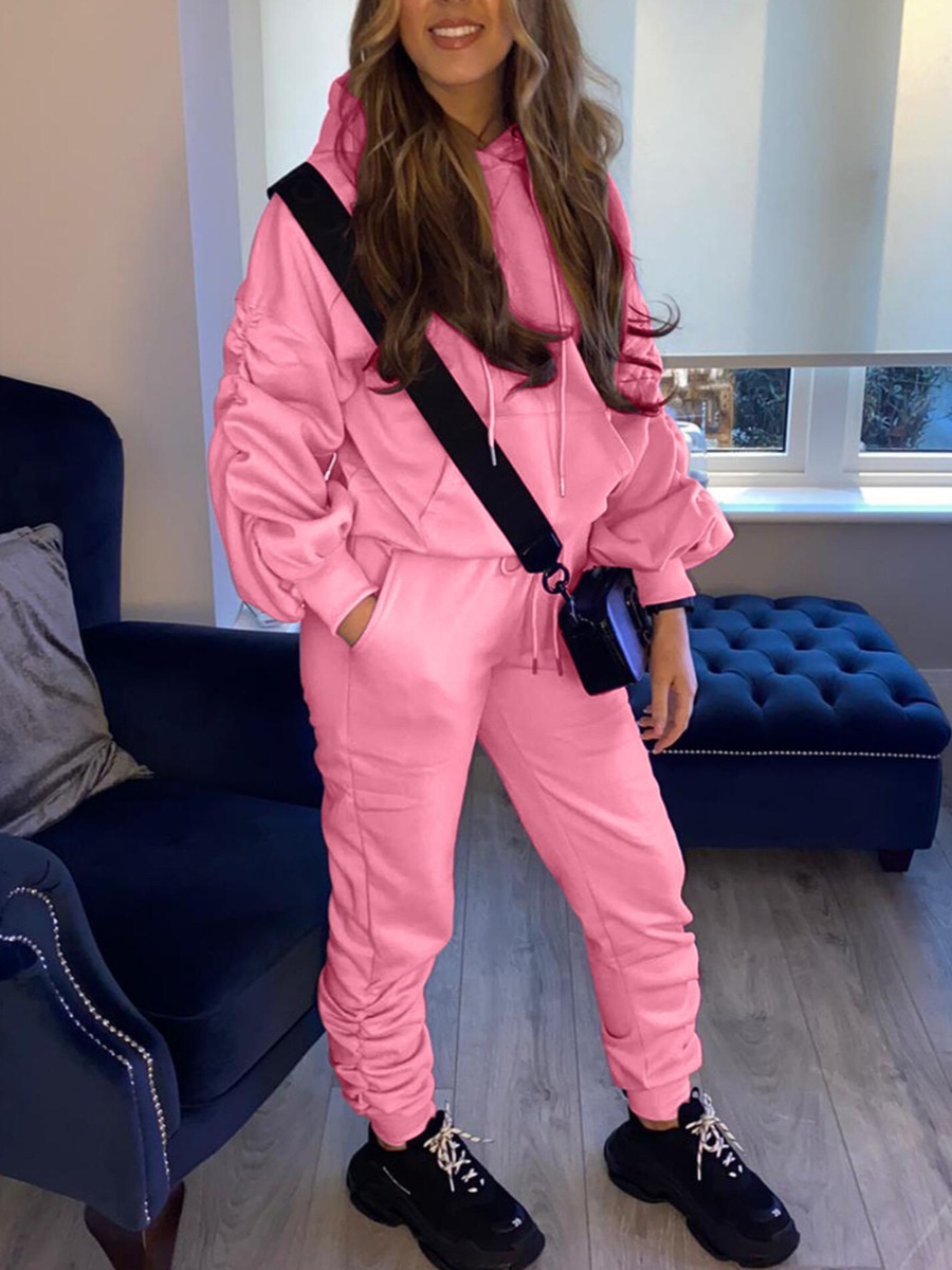 

LW Sweat Ruched Sleeve Pocket Design Tracksuit Set, Pink