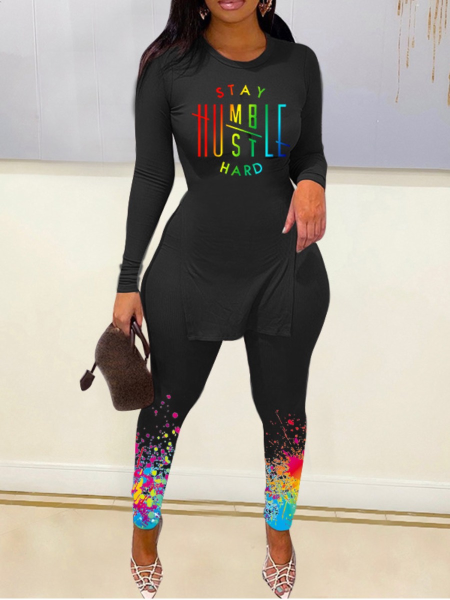

LW Letter Print Splash-ink Design Slit Pants Set, Black
