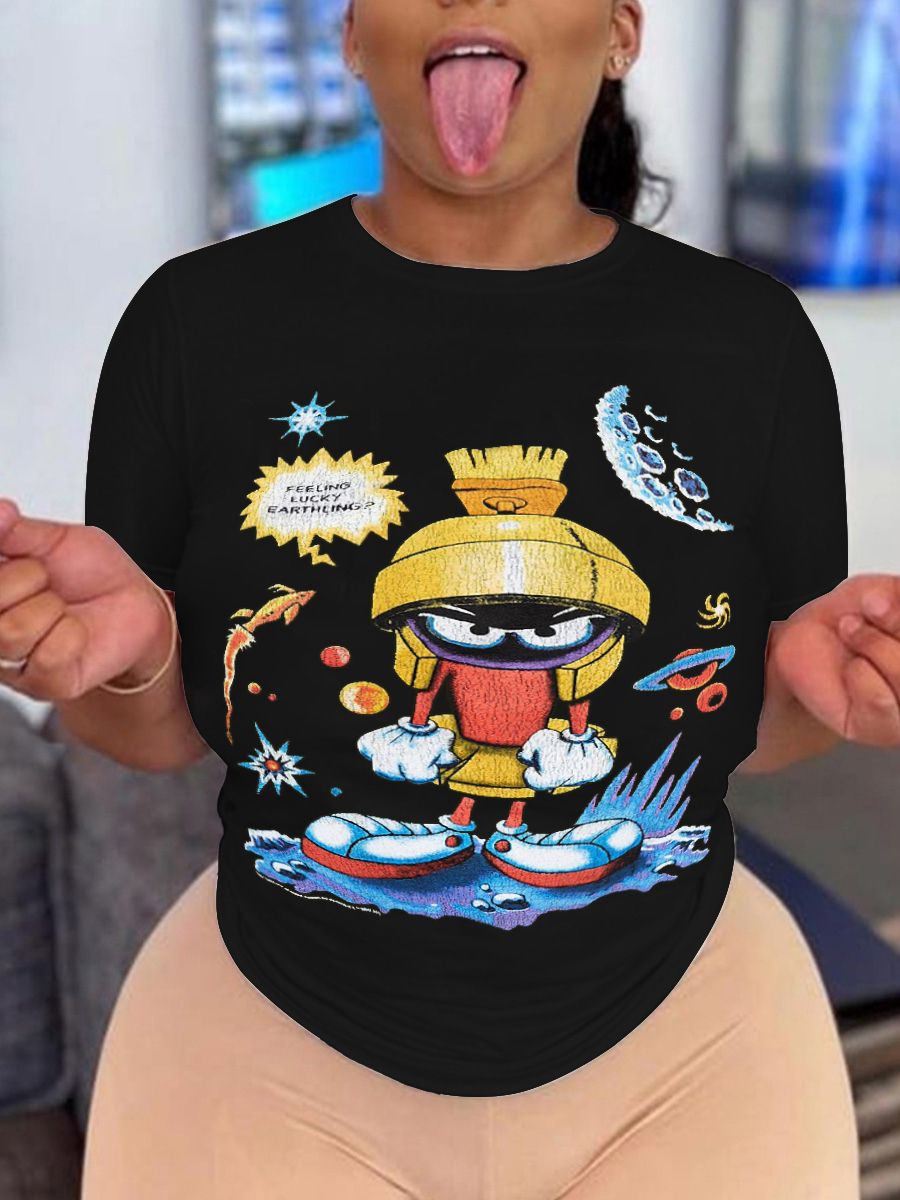 

LW Plus Size Round Neck Cartoon Print T-shirt, Black
