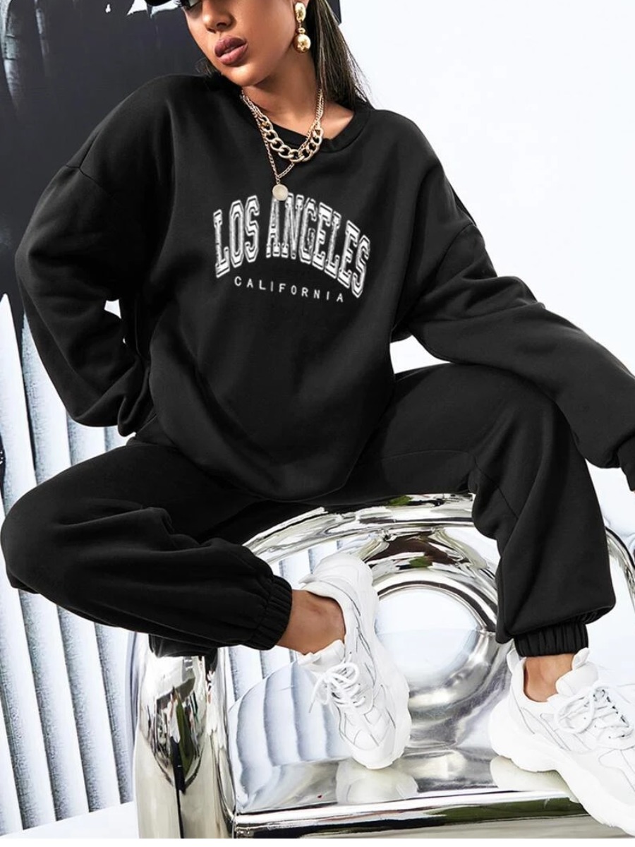 

LW COTTON Letter Print Pocket Design Tracksuit Set, Black