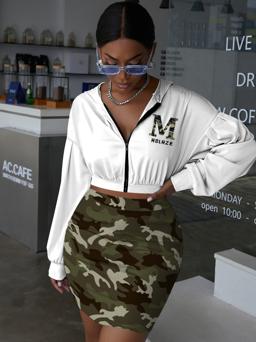 

LW Camo Print Zip Up Skirt Set, Multi