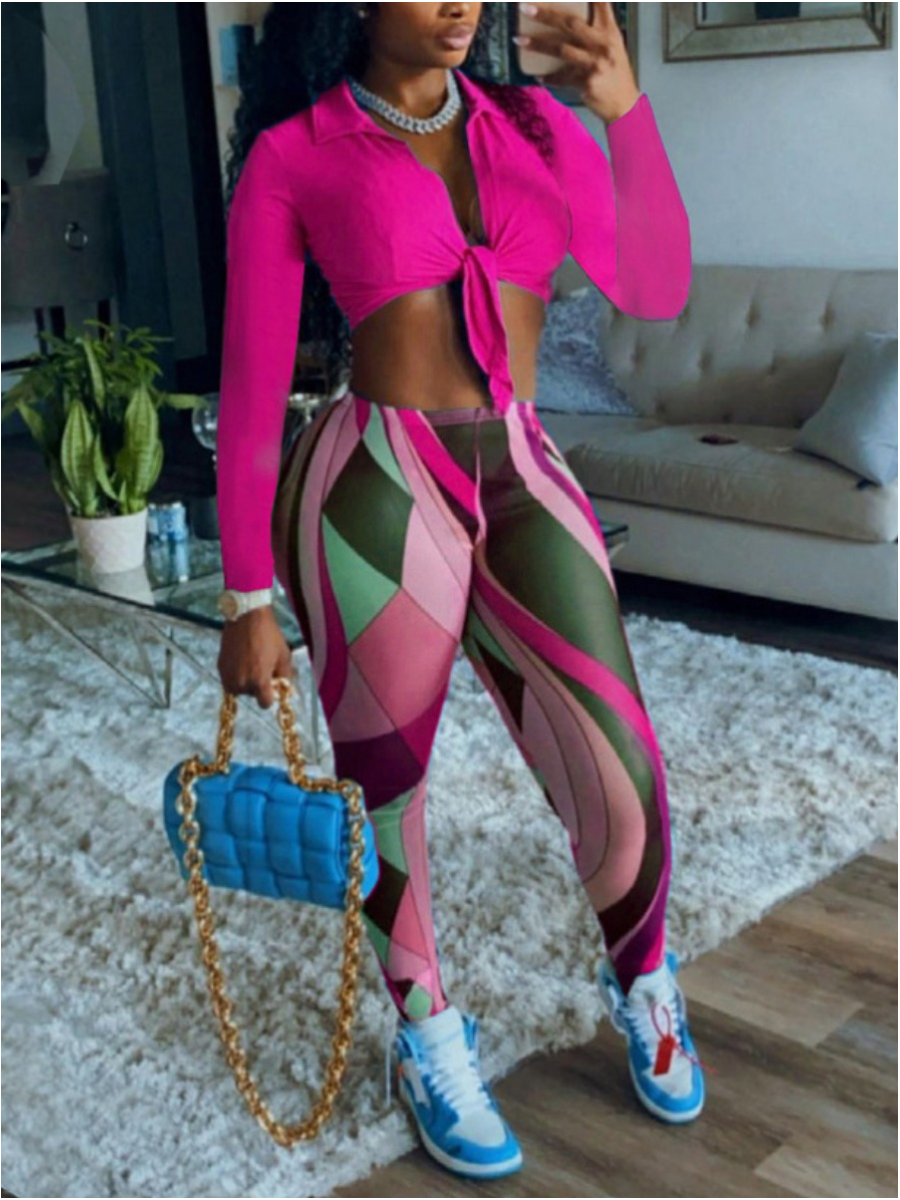 

LW Color Block Bandage Design Pants Set, Rose red