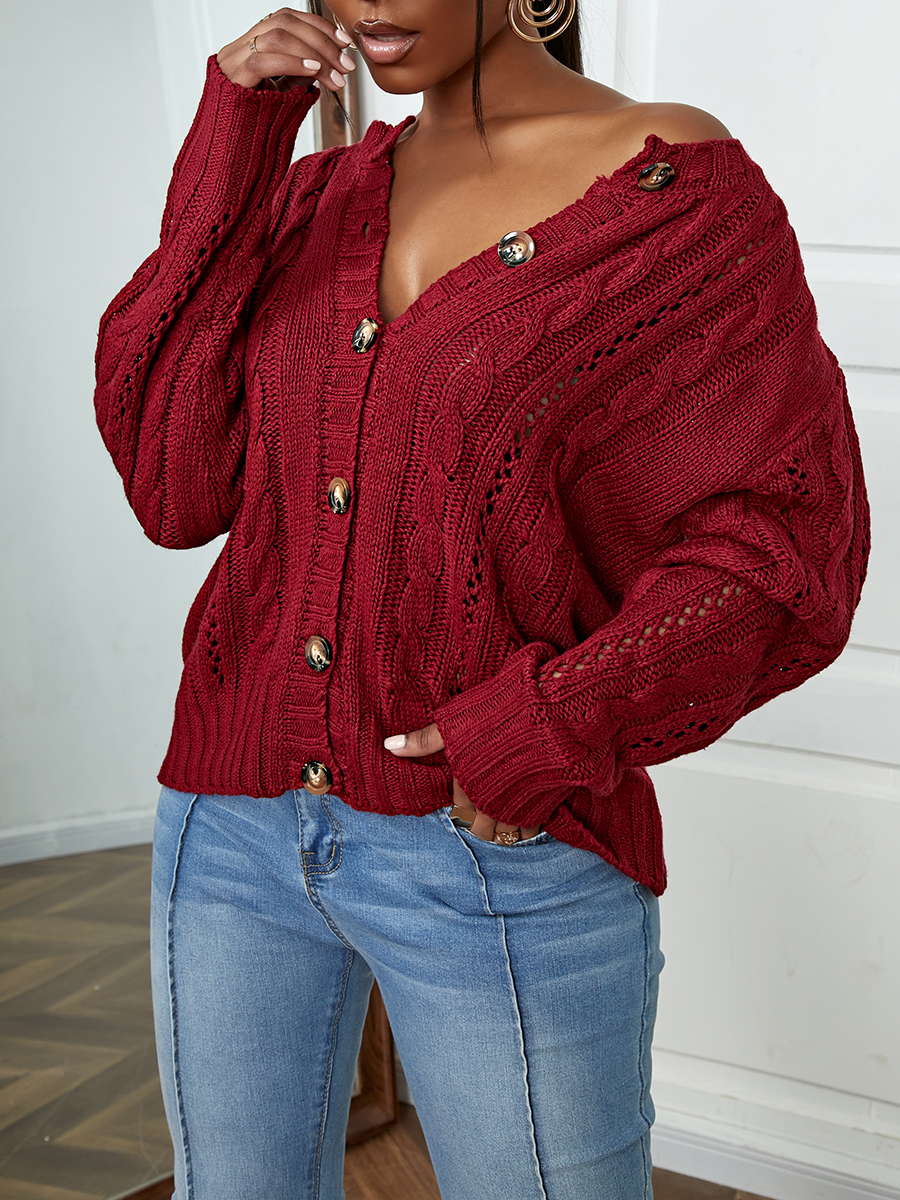 

LW Cable Knit Button Design Cardigan, Wine red