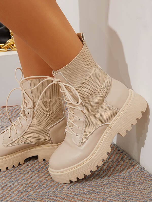 

LW Lace-up Patchwork Boots, Beige