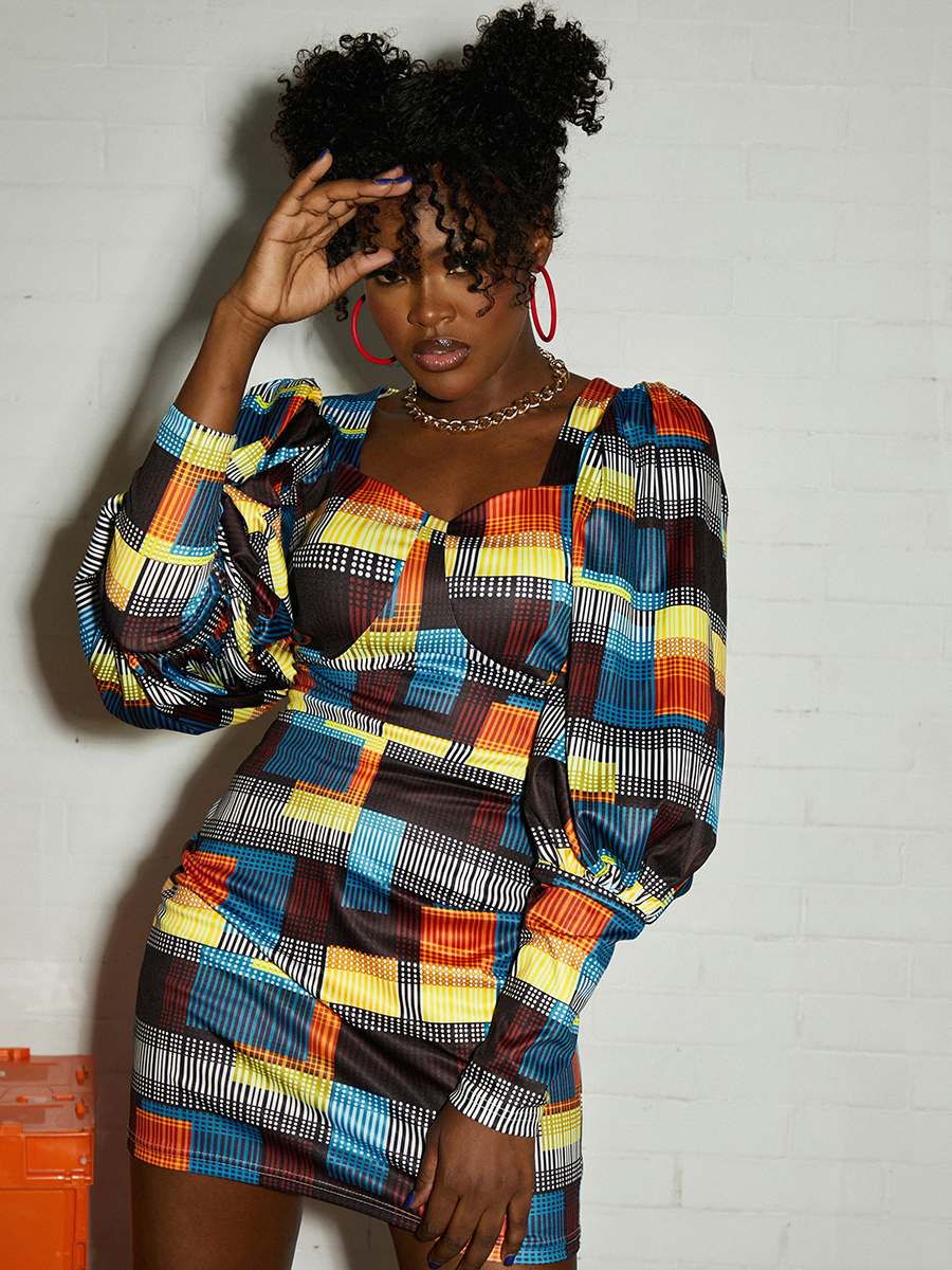 

LW SXY Satin Puff Sleeve Color Block Dress, Multi