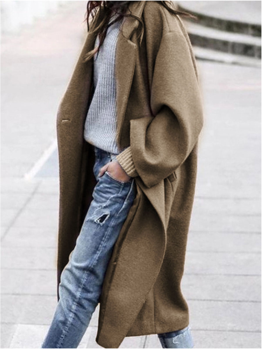 

LW Lapel Neck Button Design Solid Oversized Wool, Khaki