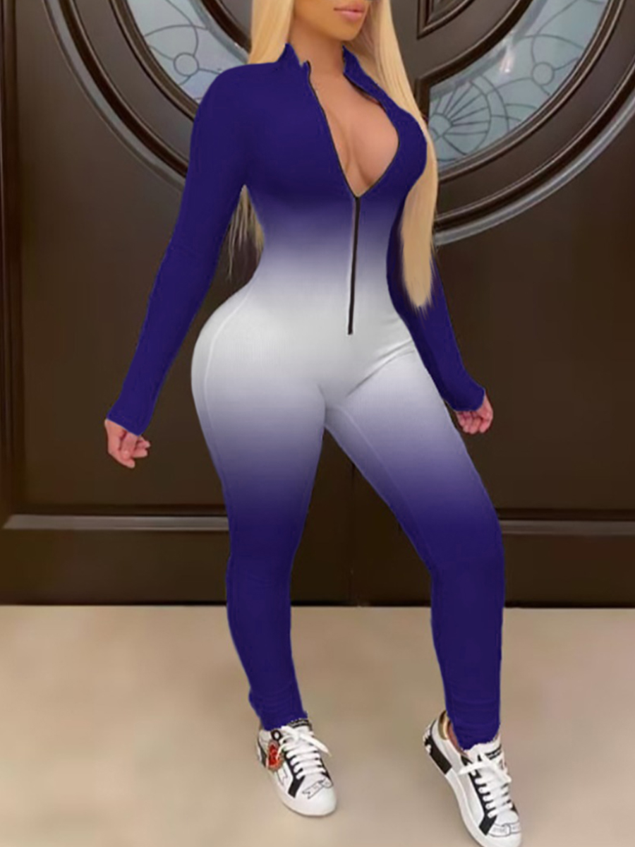 

LW Gradient Zipper Design Skinny Jumpsuit, Blue