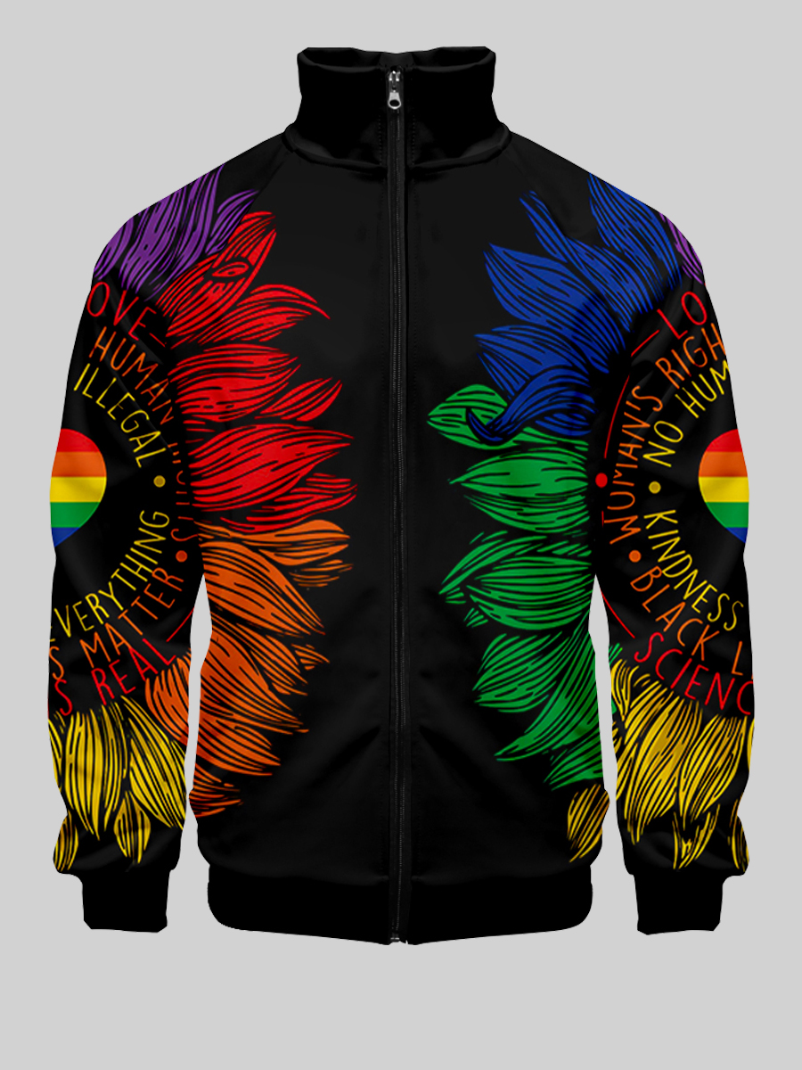

LW Men Colorful Letter Sunflower Print Jacket, Black