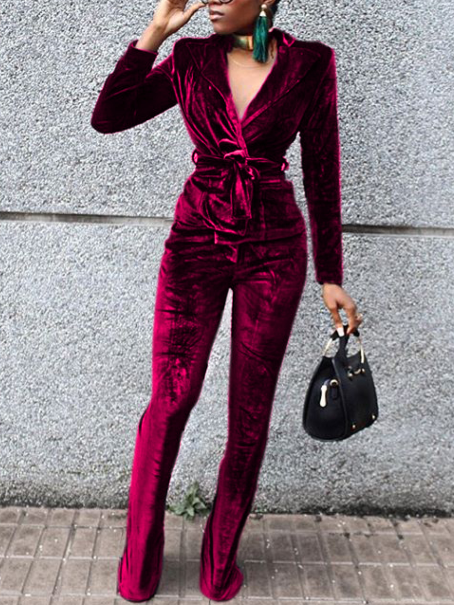 

LW Velvet Bandage Design Flared Pants Set, Red