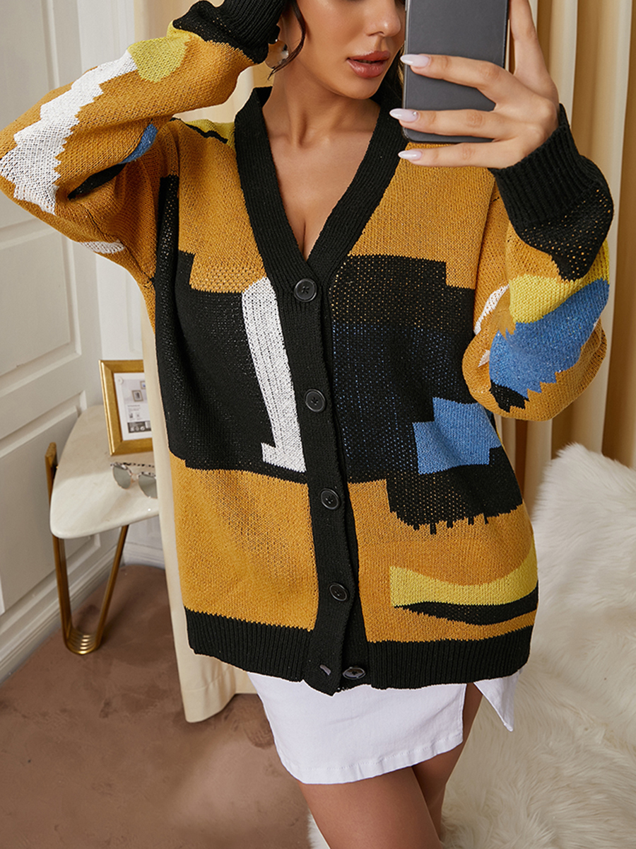 

LW Color Block Button Design Cardigan, Khaki