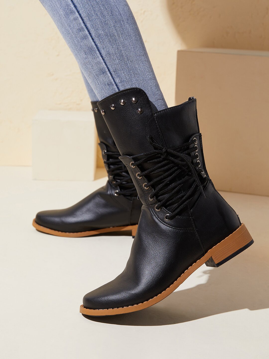 

LW Rivet Decor Zipper Back Boots, Black