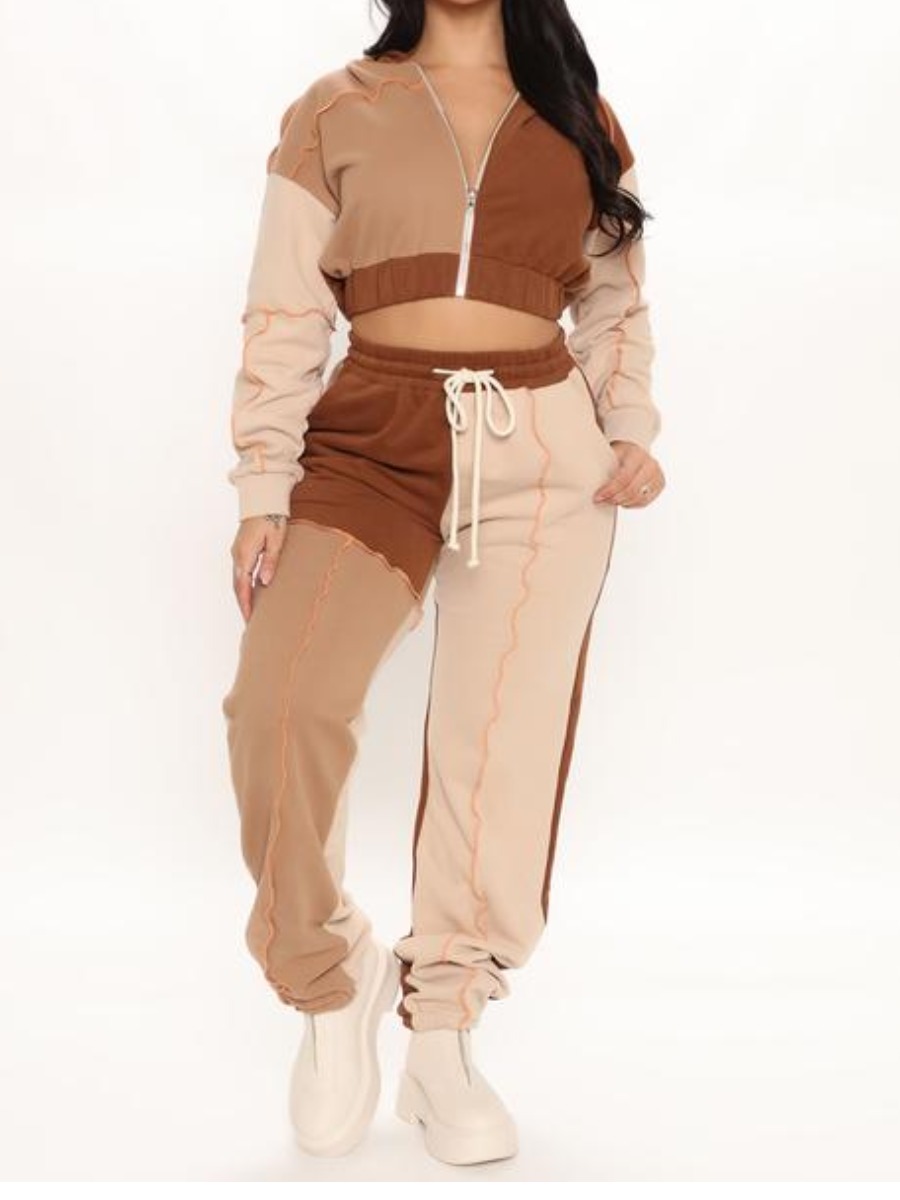 

LW Line Stitching Drawstring Tracksuit Set, Brown