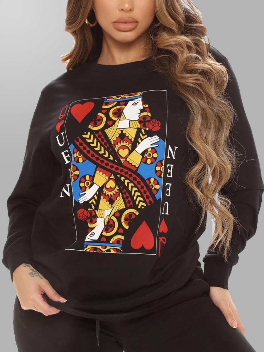 

LW Heart Letter Print Pullover Sweatshirt, Black