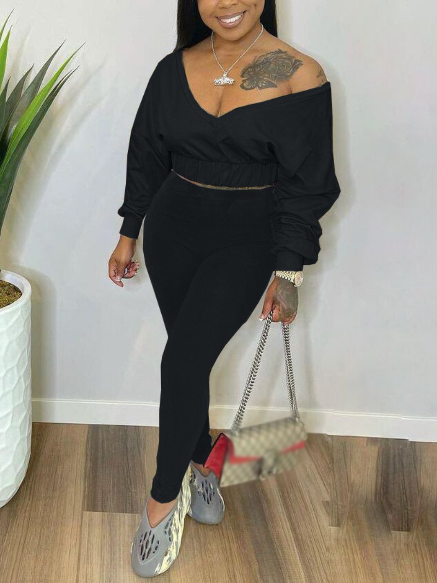 

LW V Neck Basic Tracksuit Set, Black